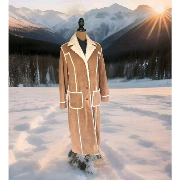 Y2K Giacca Penny Lane Coat Med Apres Ski Full Length Tan Suede Faux Fur Quilted - Picture 1 of 15